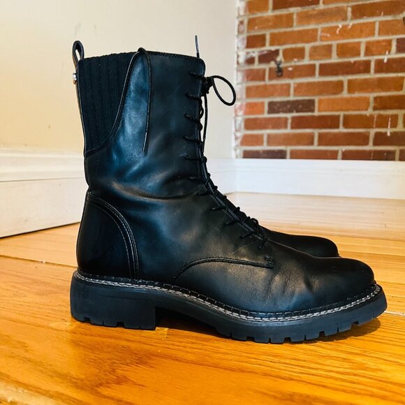 SAM EDELMAN Lex Zip BOOT Lace BLACK Combat LEATHER Military WOMEN Us 9.5 M - Picture 1 of 16